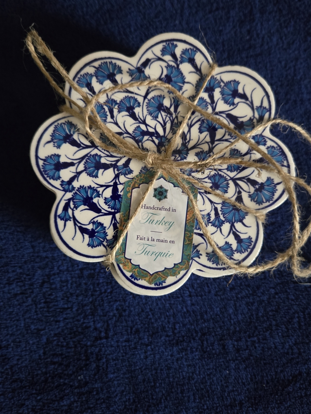 Blue Floral Ceramic Coaster Set - Handcrafted